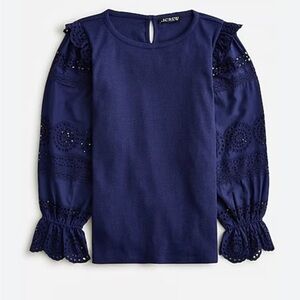 J crew Navy Blue ribbed Eyelet Ruffle-Trim Top size small